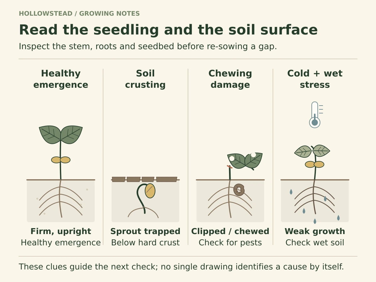 Four bean seedling cross-sections showing healthy emergence, a sprout trapped under soil crust, a clipped or chewed seedling and weak growth in cold wet soil.