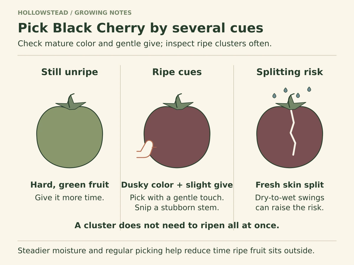 Three Black Cherry fruits compare hard green fruit, dusky ripe fruit with slight give, and a fruit split after rapid moisture change.