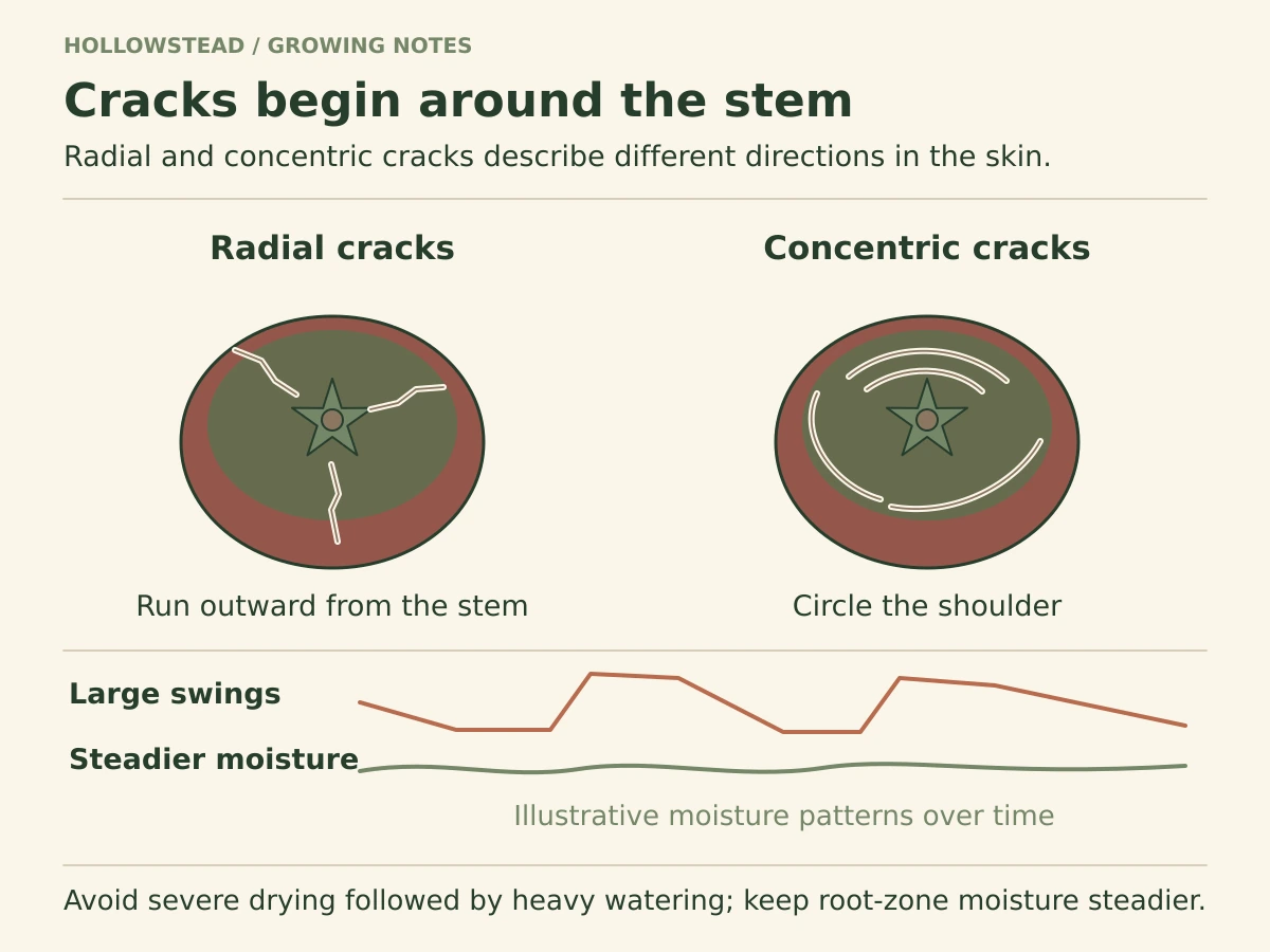 Top views of Black Krim tomatoes show radial cracks radiating from the stem and concentric cracks circling the shoulder, above schematic moisture patterns.