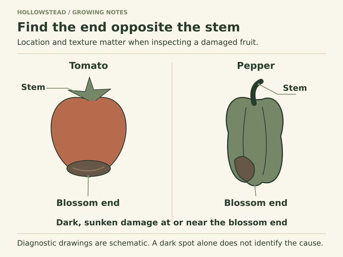 Schematic tomato and pepper with their stems at the top and blossom ends at the bottom. Dark sunken patches are marked at the tomato blossom end and near the pepper blossom end.