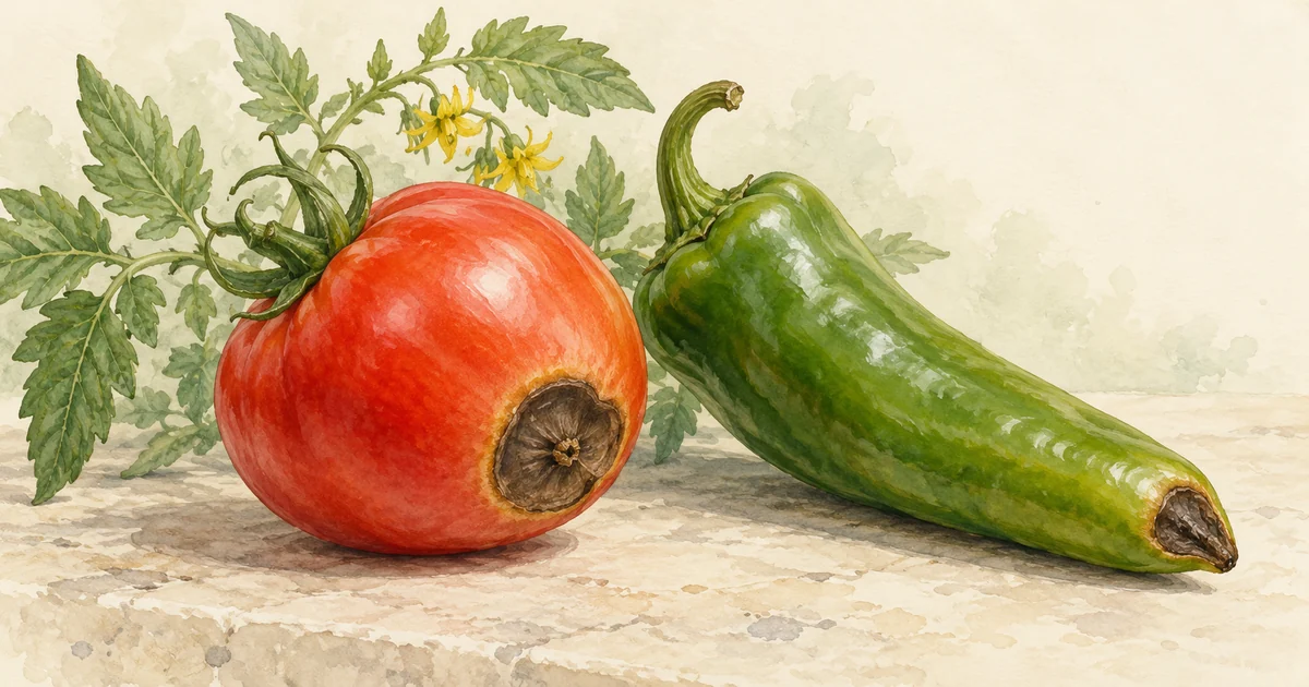 Watercolor illustration of a tomato and pepper with dark sunken patches at their blossom ends.