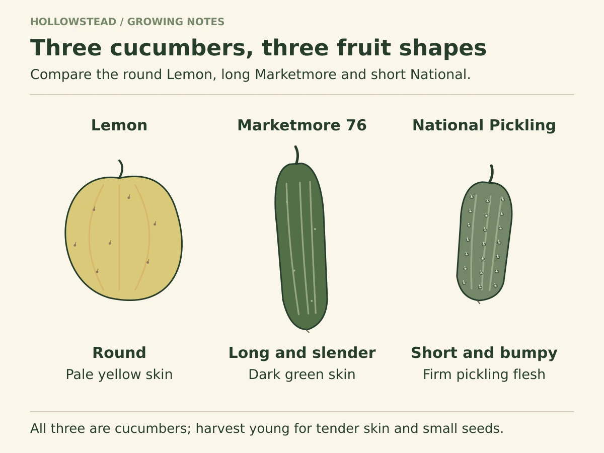 Three cucumber fruits are shown side by side: round pale-yellow Lemon, long dark-green Marketmore 76, and a shorter bumpy National Pickling cucumber.