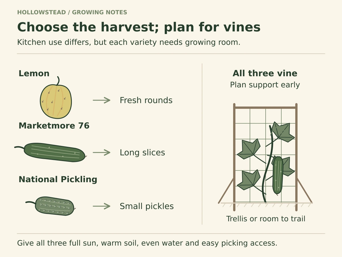 Lemon, Marketmore 76 and National Pickling fruits point to fresh rounds, long slices and small pickles. A shared cucumber trellis illustrates that all three make climbing vines.
