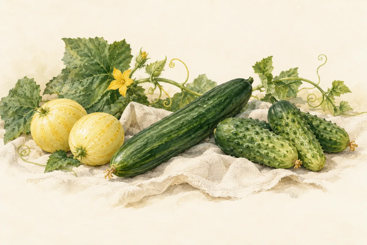 Round yellow Lemon cucumbers, one long dark-green Marketmore 76 slicer and short green National Pickling cucumbers on linen.
