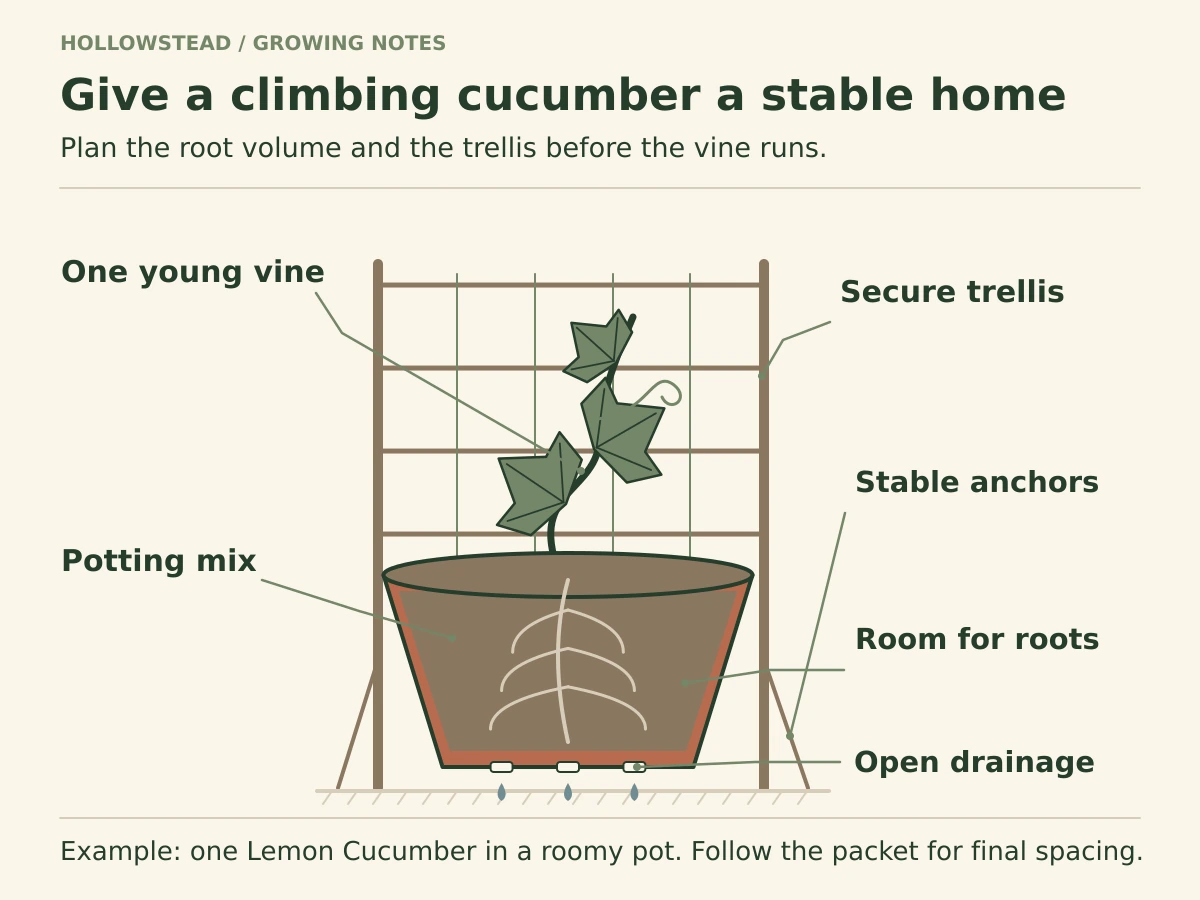 A young cucumber vine in a roomy draining pot, beside a trellis with supports anchored outside the container. Large leaves and a curling tendril identify the climbing vine.