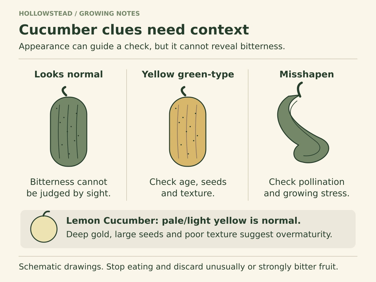 Three schematic cucumber clues: a normal-looking green cucumber, a yellow overmature green-type cucumber, and a misshapen cucumber. A separate pale-yellow round Lemon Cucumber shows its normal eating color.