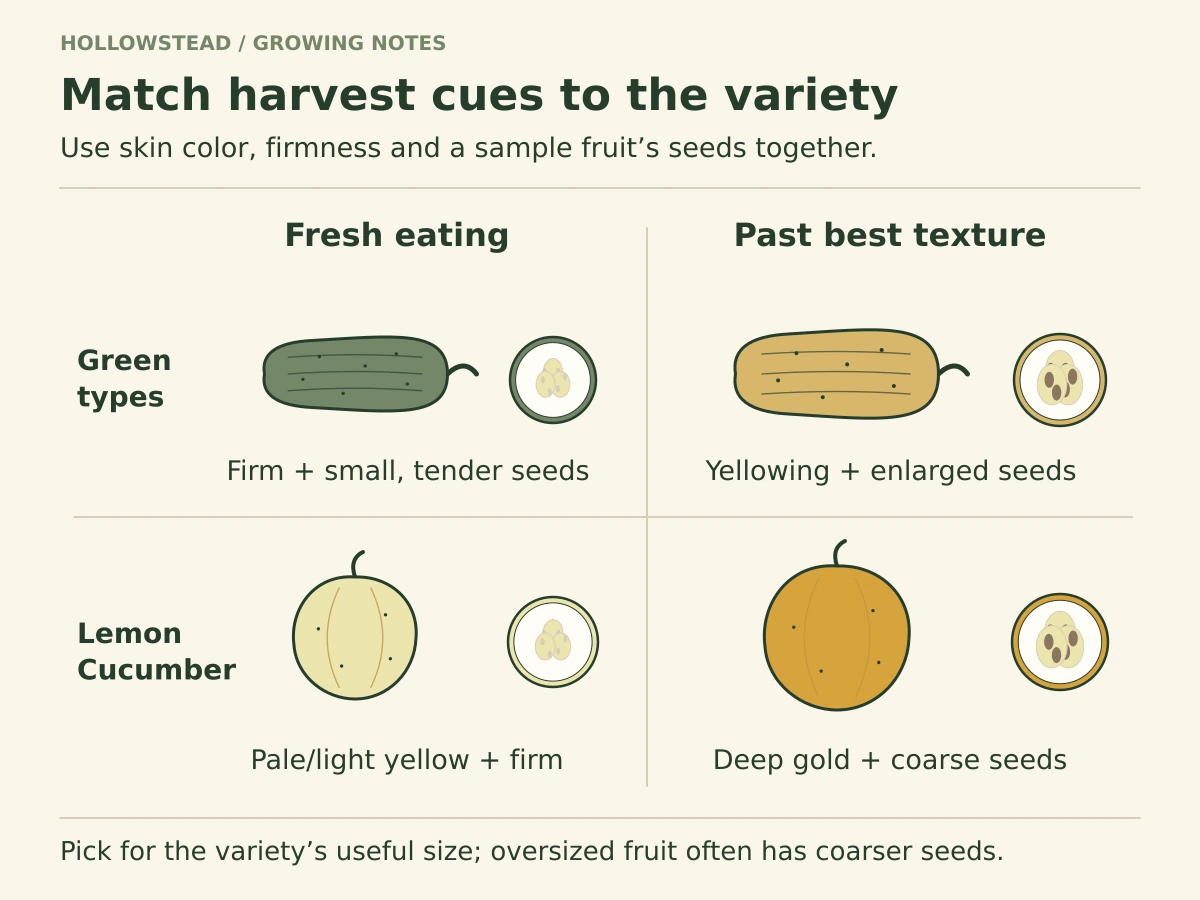 A comparison of green cucumbers and Lemon Cucumbers at fresh-eating and overmature stages. Small cut sections show tender small seeds at eating stage and enlarged coarse seeds later. Lemon is pale/light yellow when ready.