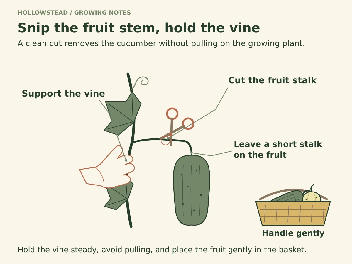 A supported cucumber vine with a hanging fruit. Snips cut only the fruit stalk between the vine and fruit, leaving a short stalk attached. A basket shows gentle handling after harvest.