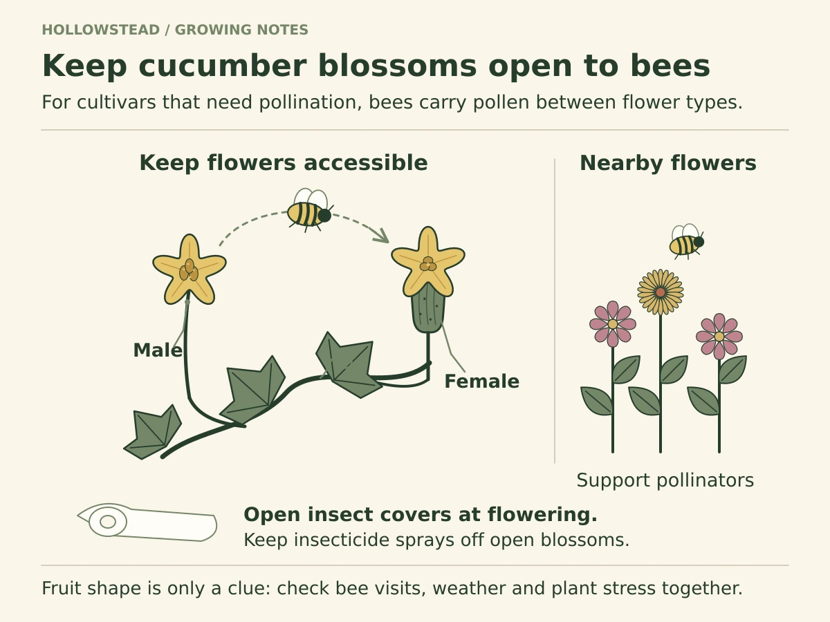A bee follows a pollen-transfer route between male and female cucumber flowers on an open vine. Nearby flowering plants support pollinators. A rolled cover illustrates opening insect-excluding covers at bloom.