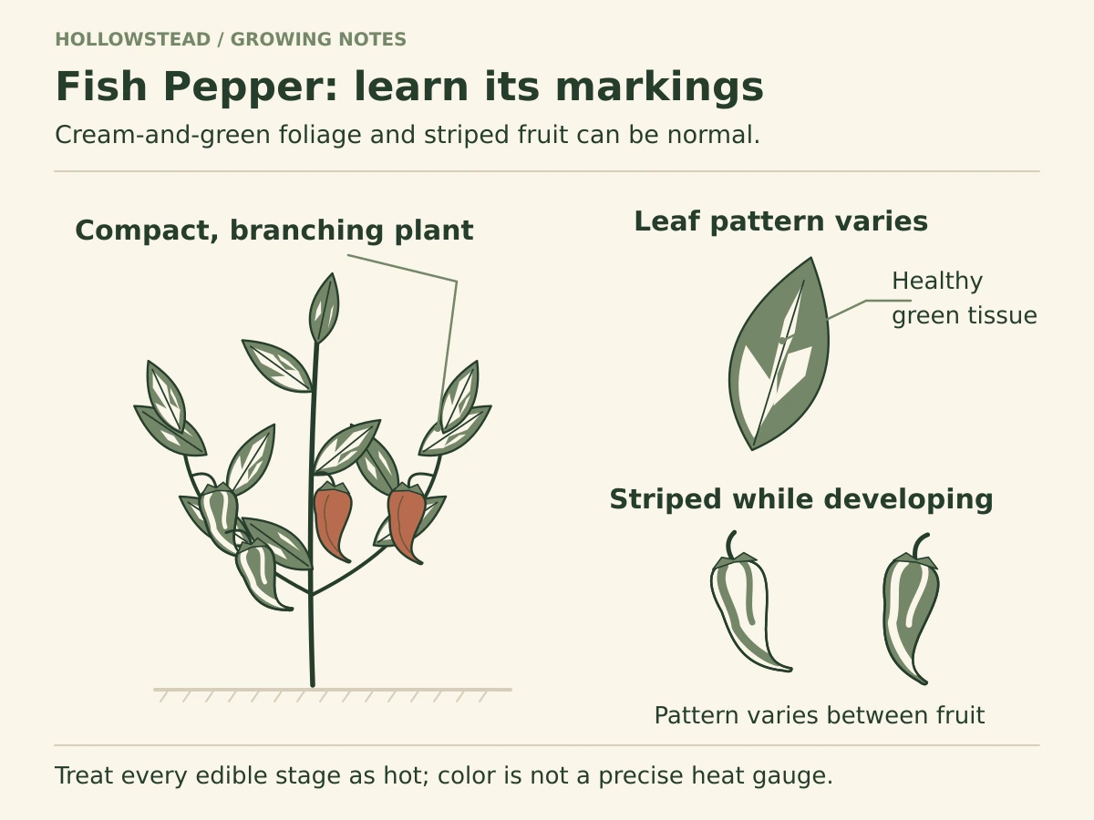 A branching Fish Pepper with variably cream-marked leaves, beside an enlarged patterned leaf and striped developing fruit.