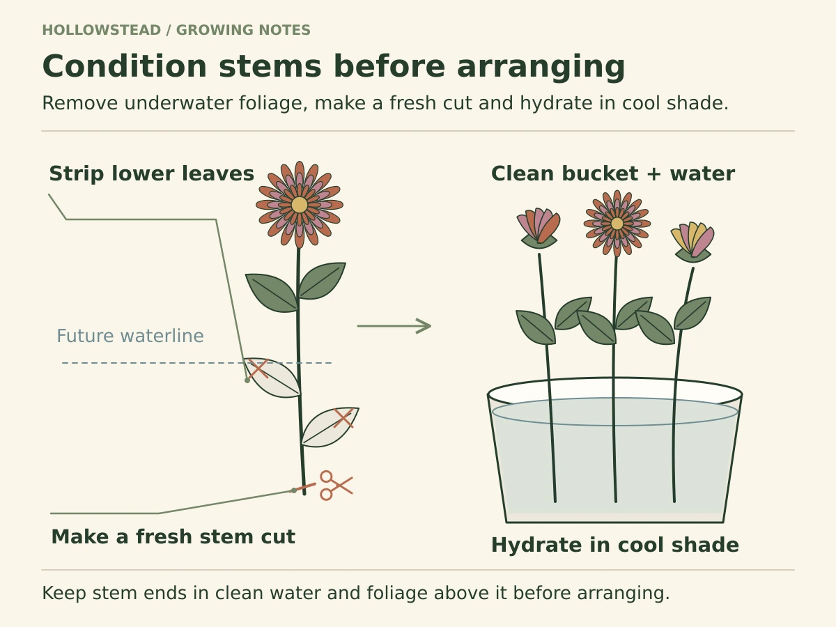 A cut flower stem with lower leaves marked for removal below a future waterline and a fresh basal cut, followed by clean flower stems standing in a clean bucket of water with all foliage above the water.