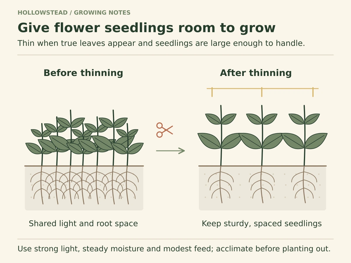 Before-and-after flower seedling cross-sections: crowded seedlings share a tight canopy and roots, then selected seedlings have light and root space after thinning.