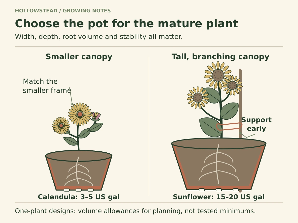 Comparison of a shorter calendula canopy in a smaller pot and a tall branching sunflower in a much larger stable pot with a support installed early.
