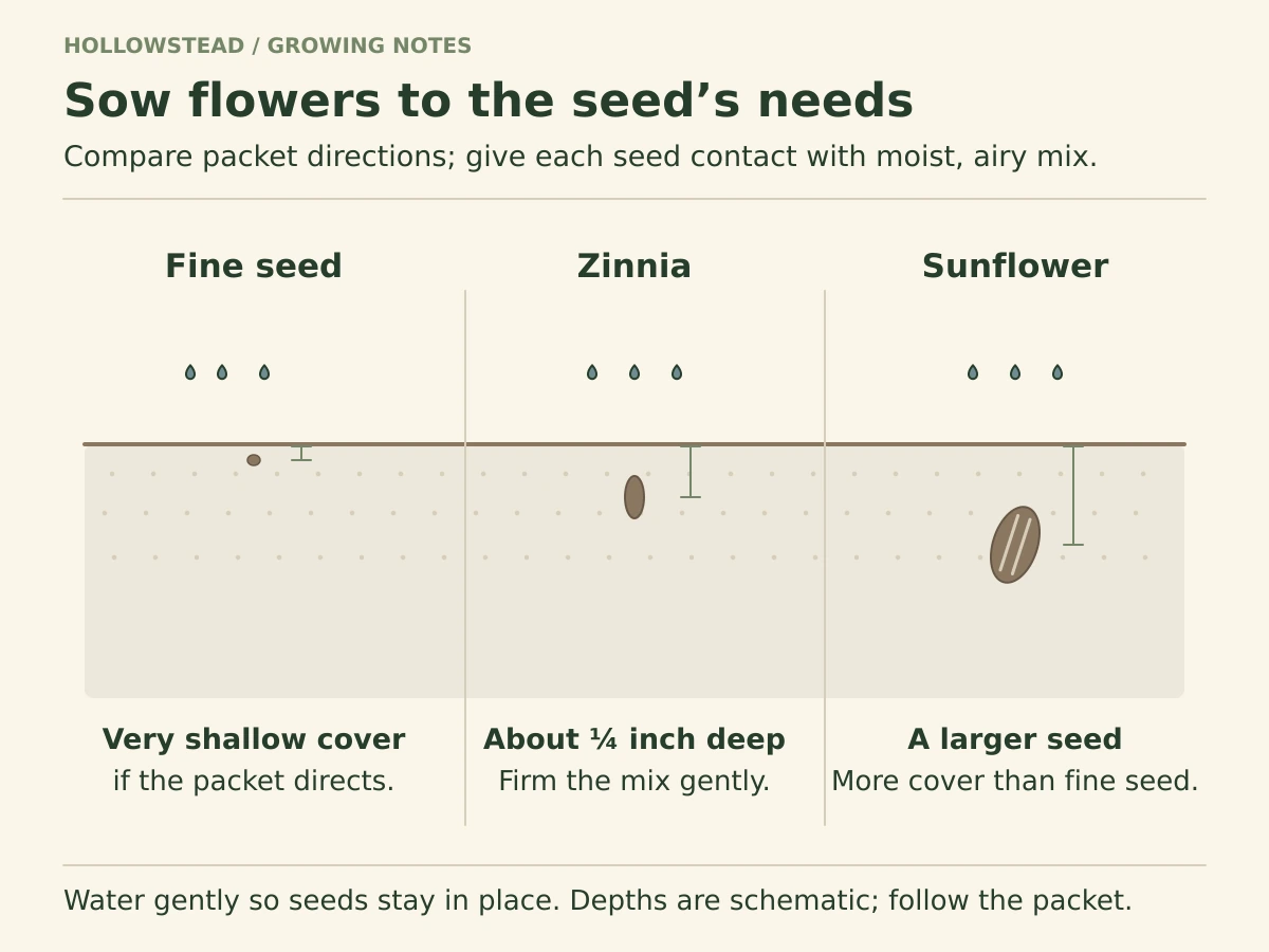 Cross-section of a flower seedbed comparing a fine seed near the surface, zinnia at about a quarter-inch, and a larger sunflower seed with more cover; gentle water reaches the seed zone.