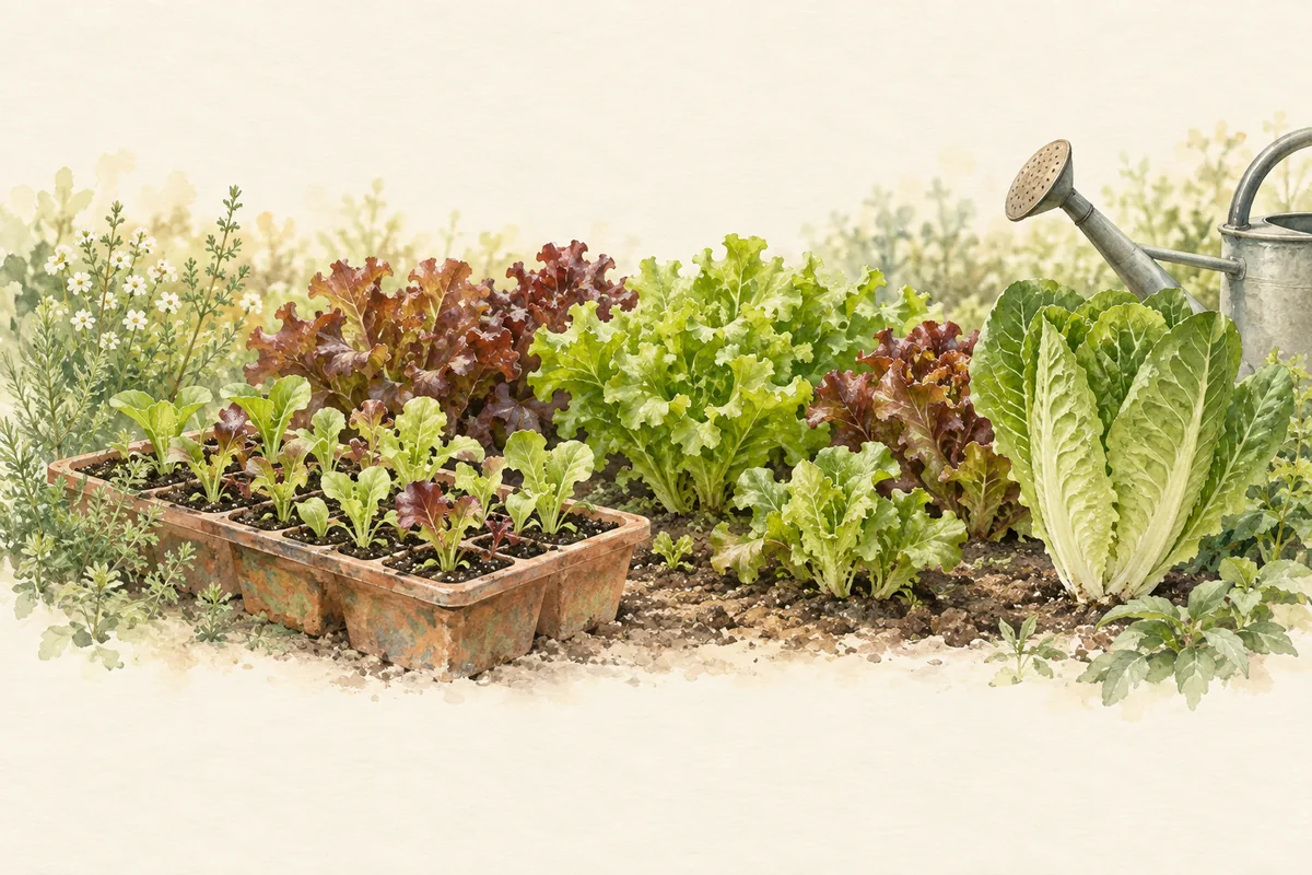 A lettuce seedling tray beside mature red leaf lettuce and romaine in a kitchen garden.
