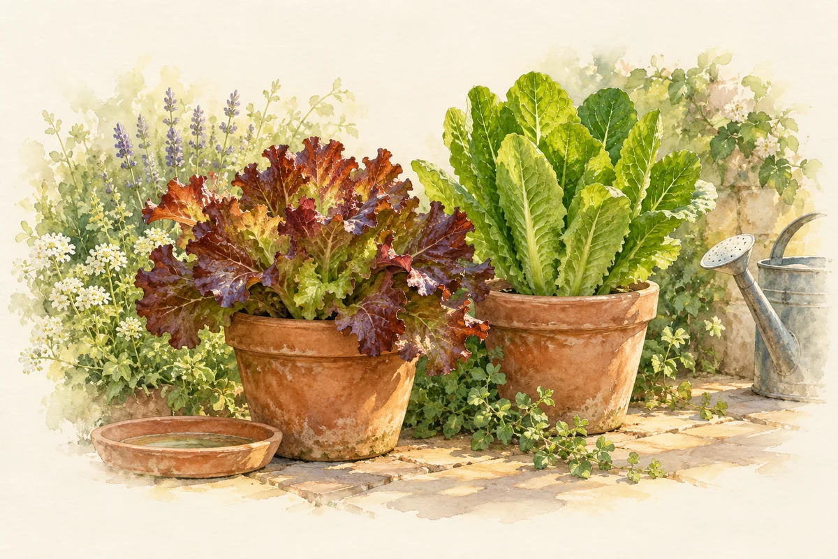 Red leaf lettuce and green romaine growing in separate terracotta containers beside a watering can.