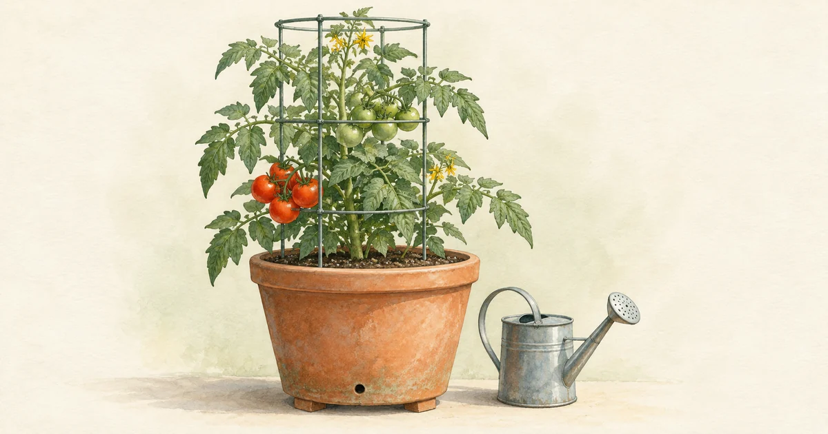 Watercolor illustration of a tomato plant supported by a cage in a large terracotta container.