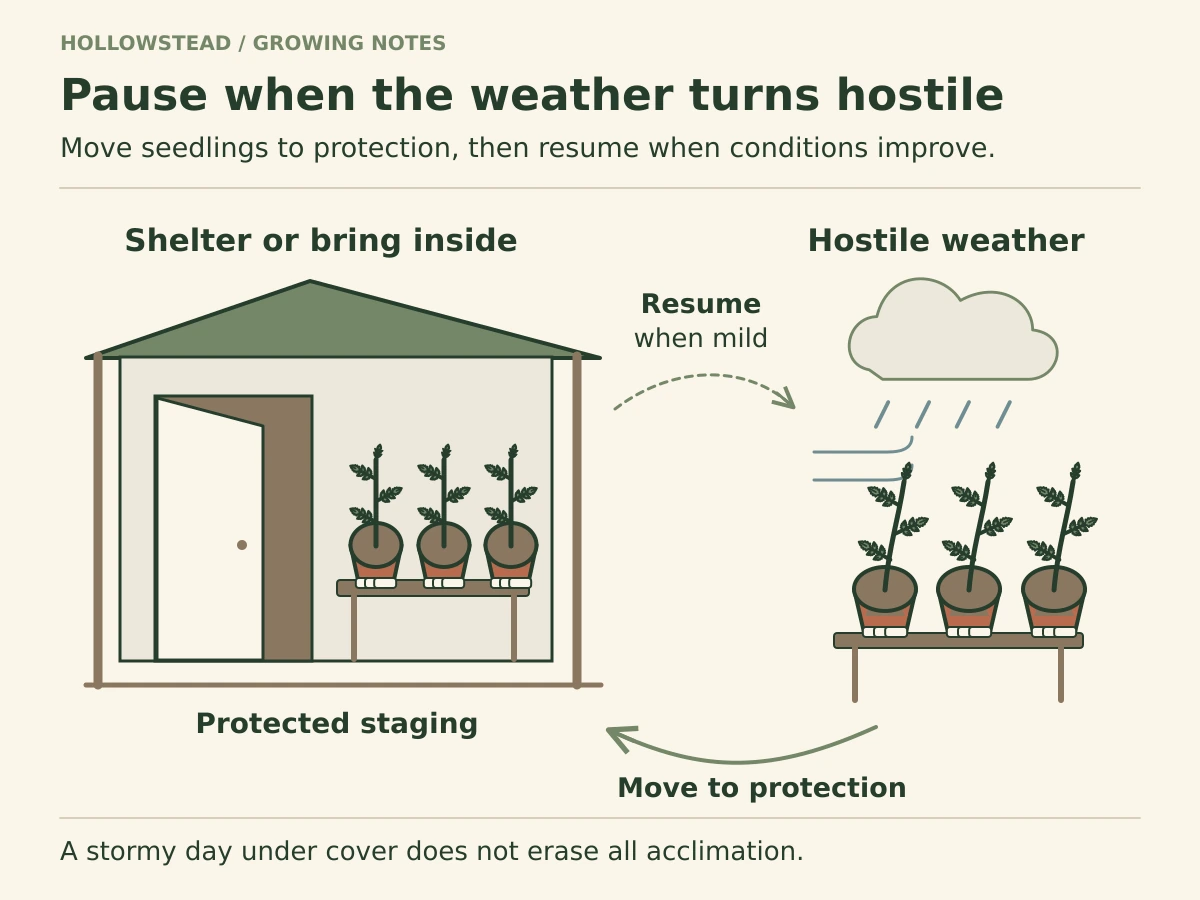 Tomato seedlings are carried from an exposed outdoor bench toward a sheltered porch and doorway during wind and rain, with a separate return arrow for milder weather.