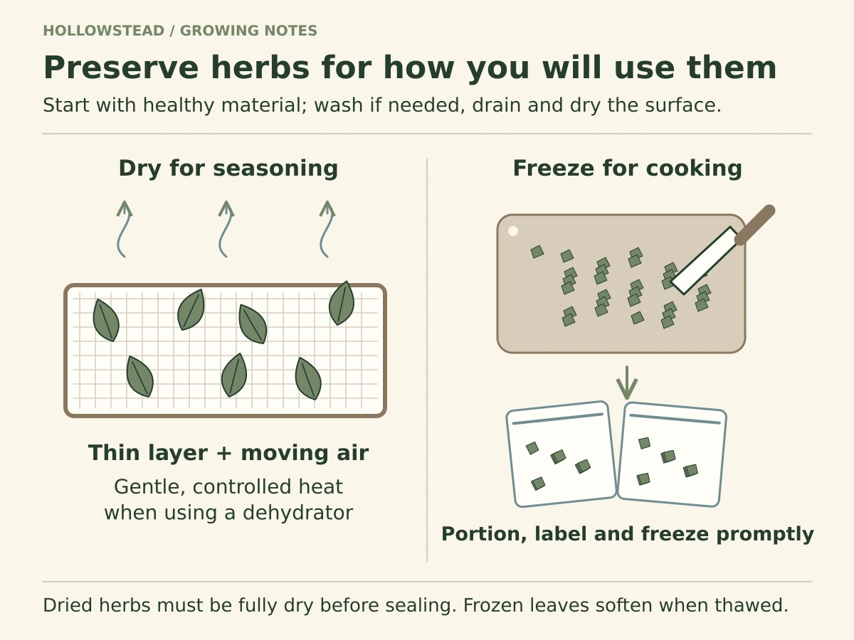 Two herb preservation methods: a thin layer of leaves drying on a ventilated rack, and chopped leaves packed into small sealed portions for freezing and cooked use.