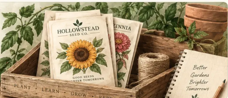 Illustrated Hollowstead seed packets, a wooden garden crate, twine, leaves, and a garden notebook.