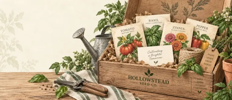 Illustrated Hollowstead shipping crate with seed packets, twine, basil, a watering can, and hand tools prepared for an order.