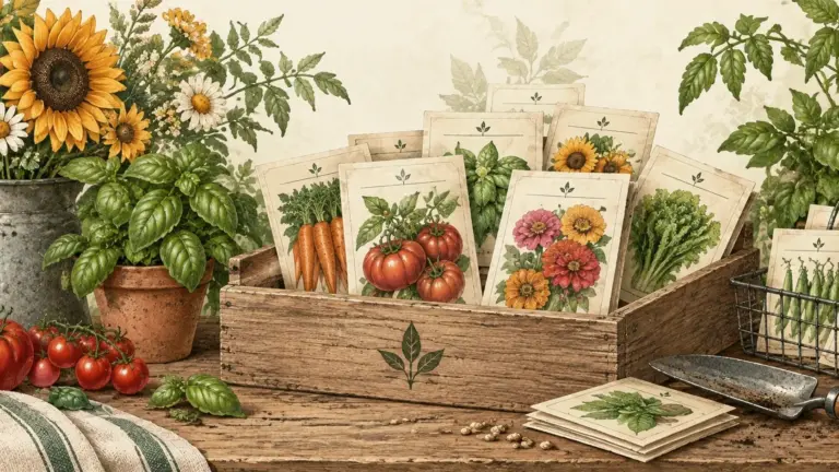 Painterly Hollowstead collection display with mixed vegetables, herbs, flowers, illustrated seed packets, and a wooden garden crate.