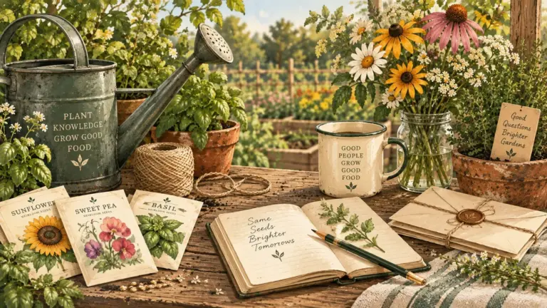 Illustrated Hollowstead garden correspondence still life with seed packets, twine, notebook, and wooden crate.