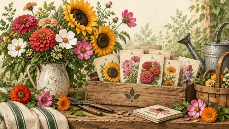 Painterly Hollowstead flowers illustration with sunflowers, cosmos, zinnias, calendula, seed packets, and a watering can.