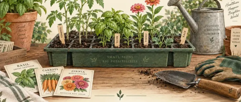 Illustrated seedling tray with tomatoes, basil, zinnias, kale, seed packets, a watering can, gloves, and garden tools.