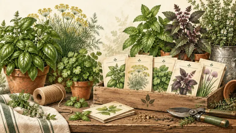 Painterly Hollowstead herbs illustration with basil, dill, cilantro, purple basil, chives, seed packets, and hand tools.