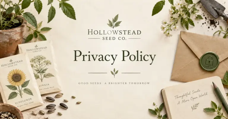 Botanical seed-company still life with a sealed kraft envelope, brass lock, seed packets, notebook, seeds, and garden foliage.