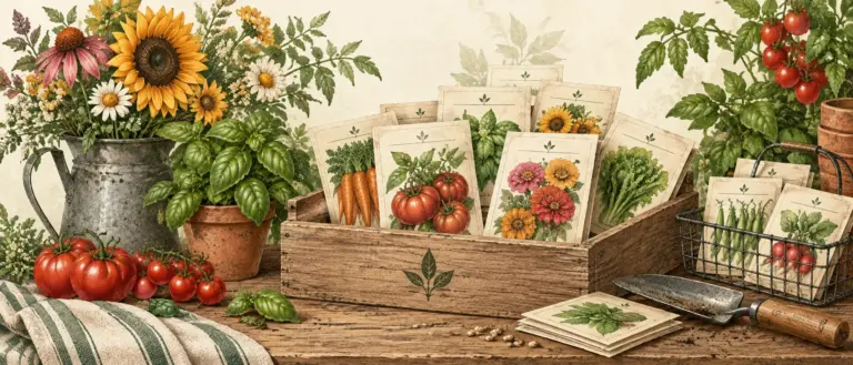Illustrated Hollowstead seed display with vegetables, herbs, flowers, seed packets, and garden tools.
