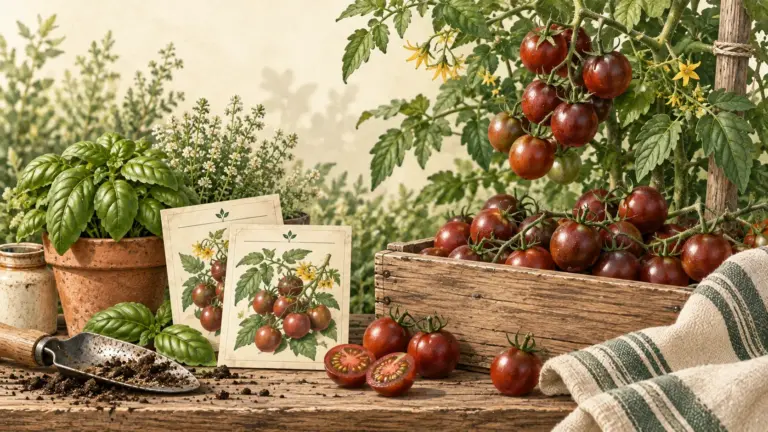 Painterly Hollowstead vegetables illustration with dark cherry tomatoes, basil, seed packets, a rustic crate, and garden tools.