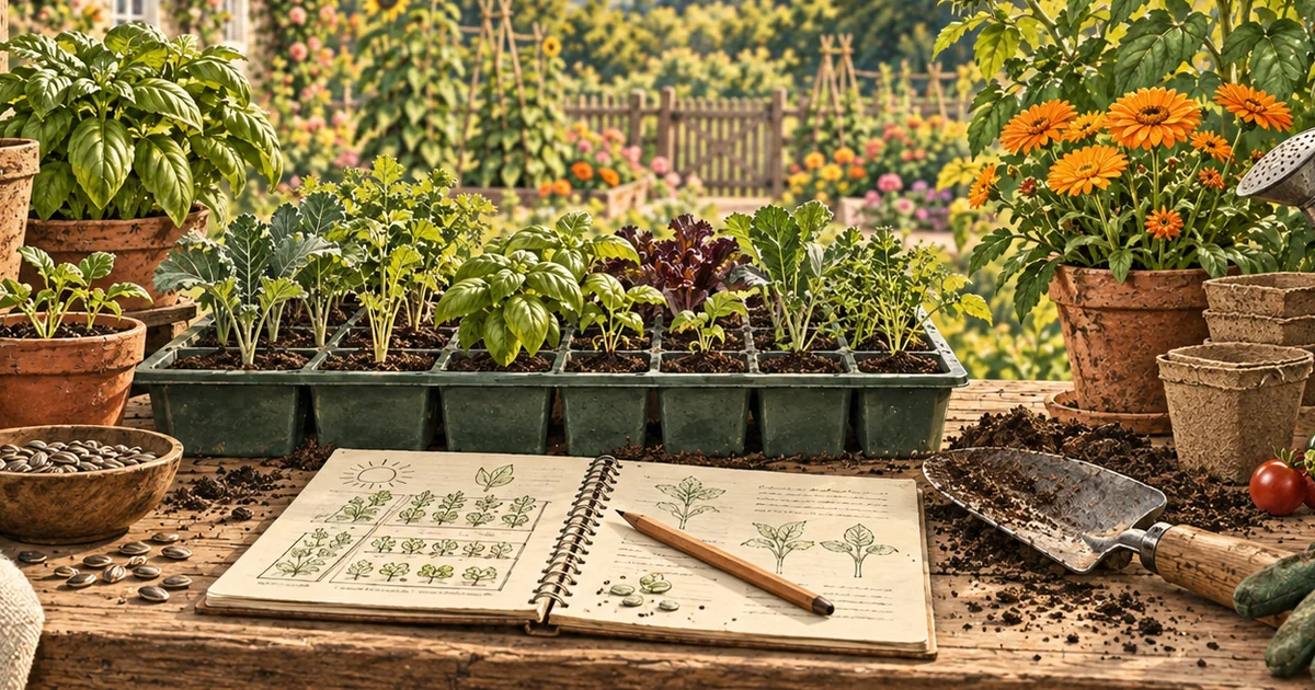 Seedlings, garden notebook, pots, hand tools, and flowers on a sunny garden workbench.