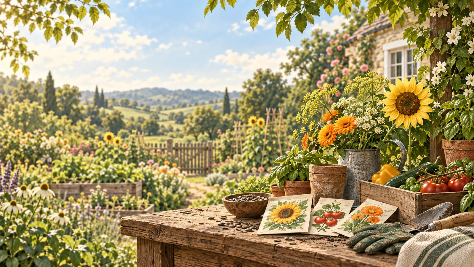 Sunlit cottage garden with seed packets, flowers, herbs, and harvested vegetables.