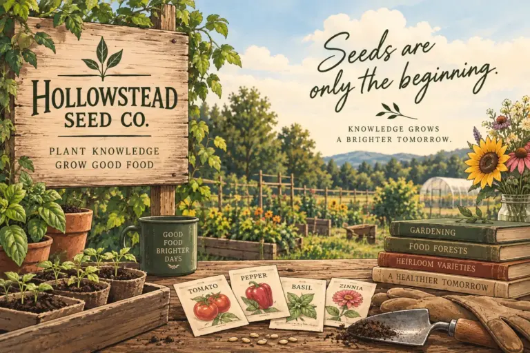 Illustrated Hollowstead Seed Co. garden with seedlings, seed packets, flowers, tools, a greenhouse, and the message Seeds are only the beginning.