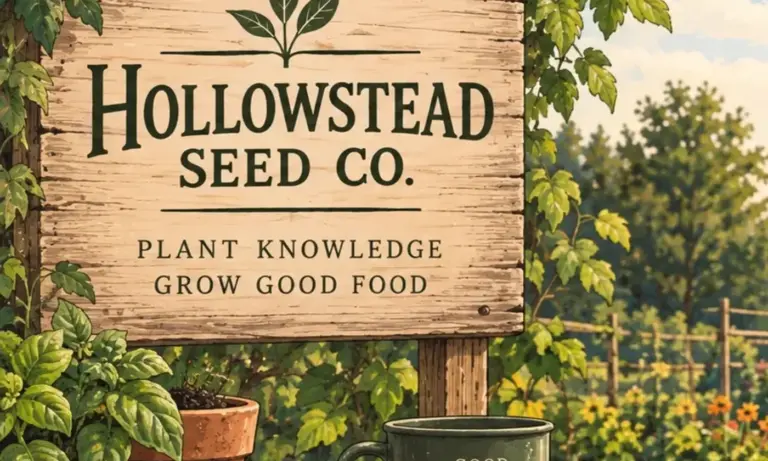 Illustrated Hollowstead Seed Co. garden sign surrounded by herbs, seedlings, flowers, and a productive garden.