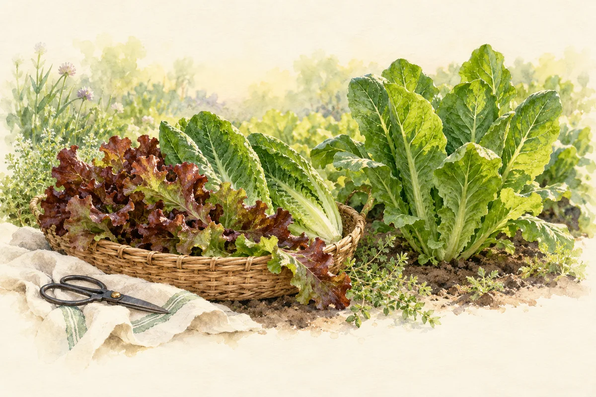Fresh lettuce leaves in a woven basket beside a healthy garden plant and closed garden scissors.