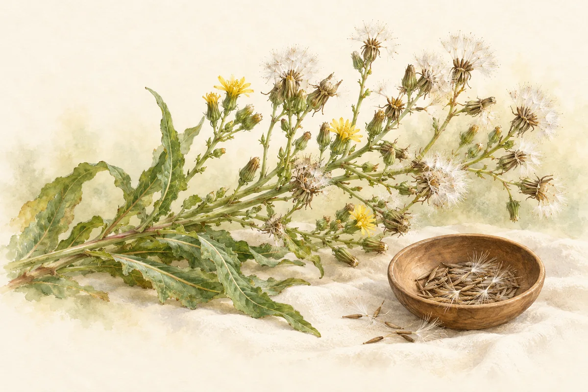 A branched lettuce seed stalk with yellow flowers and fluffy seed heads beside a wooden bowl of seeds.