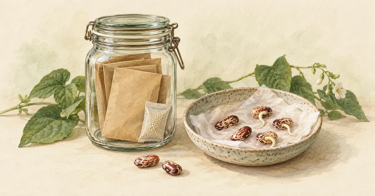 Watercolor illustration of dry seed packets in a sealed jar beside a separate dish of sprouting beans.