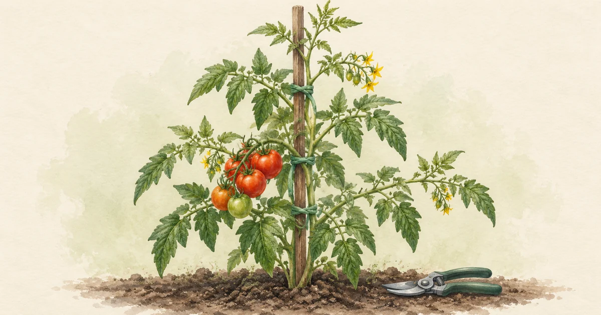 Watercolor illustration of a tomato vine tied to a wooden stake, with pruning shears nearby.