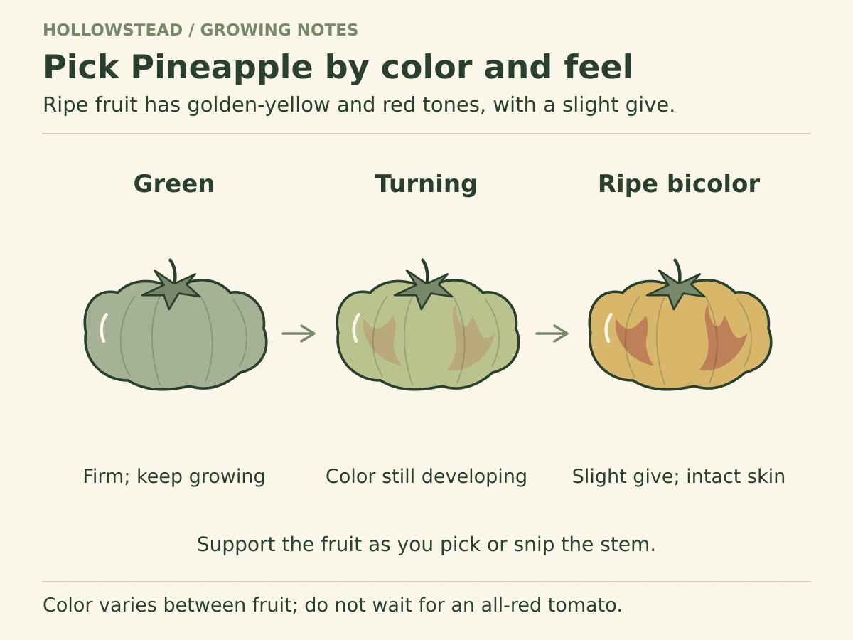 Three labeled Pineapple tomatoes progress from firm green through turning color to ripe golden-and-red fruit with a slight give.