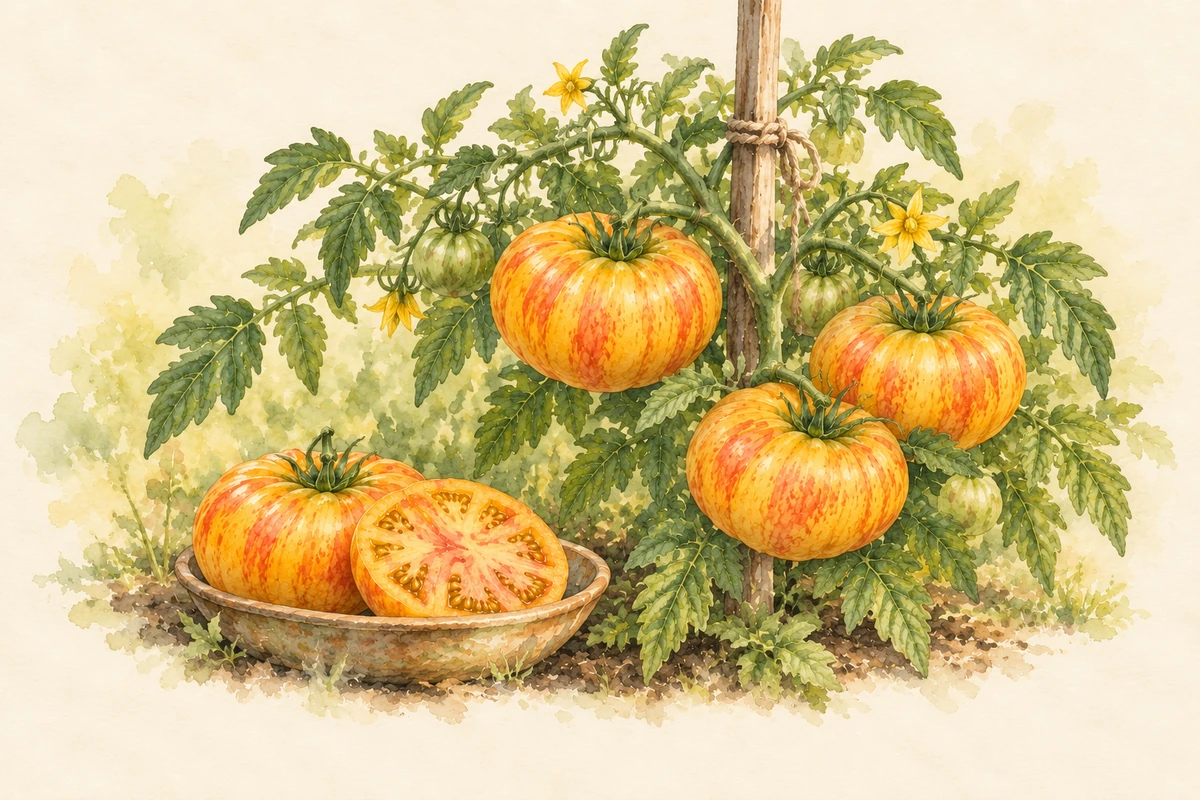 Watercolor Pineapple tomato vine with large golden-and-red fruit, a wooden support and a shallow bowl of harvested tomatoes on warm ivory paper.