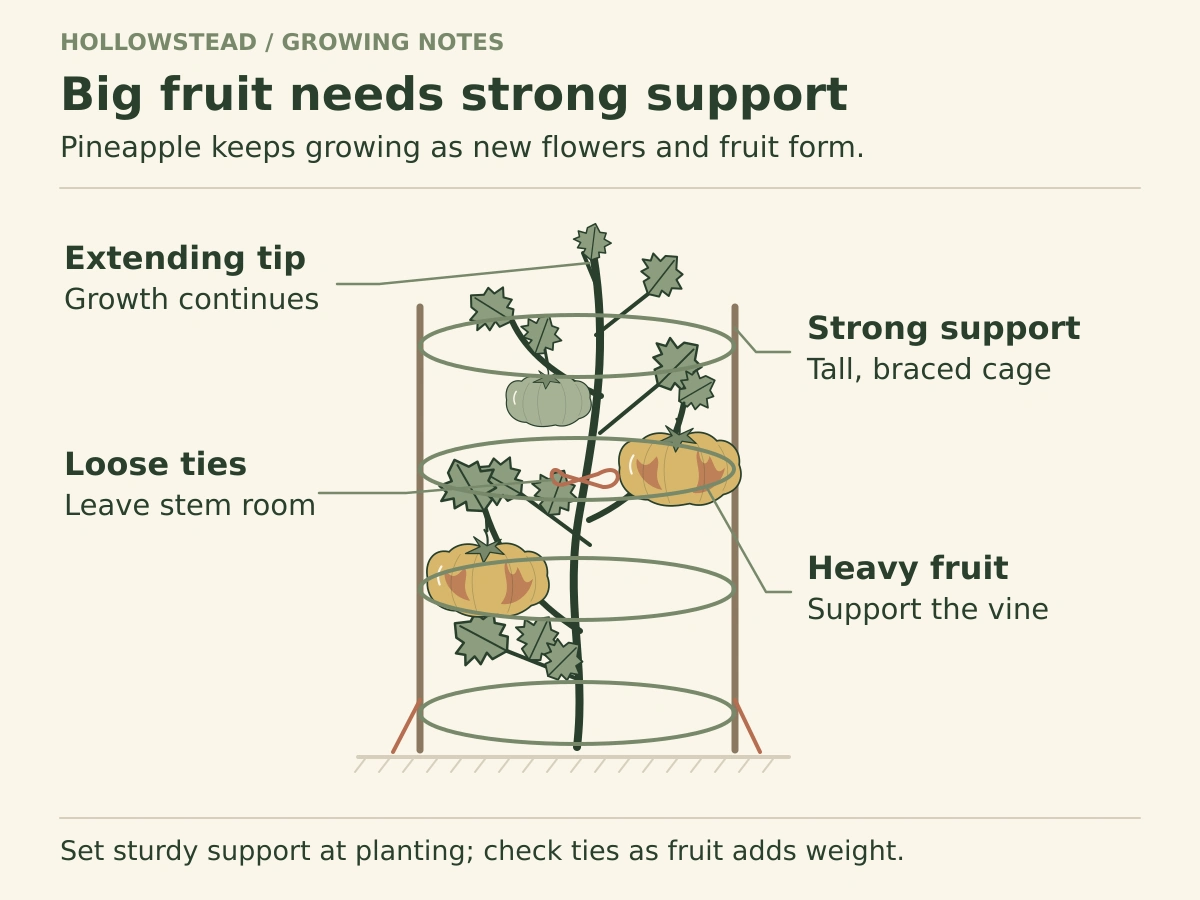 Labeled Pineapple tomato diagram showing an extending vine tip, a tall braced cage, loose ties with room for stems, and heavy fruit.
