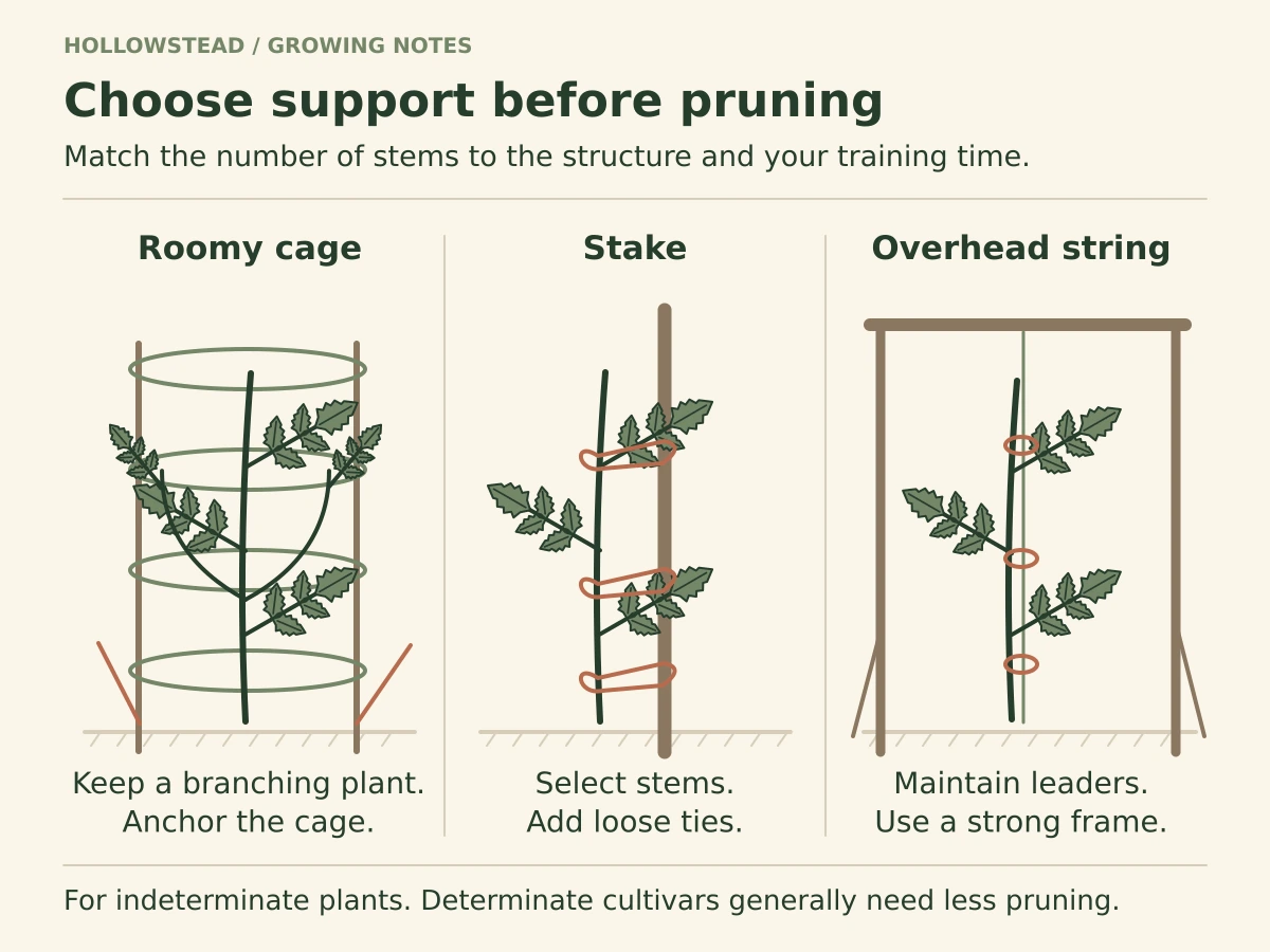 Three schematic support systems: a broad anchored cage for branching growth, a firmly set stake carrying selected stems with loose ties, and strings suspended from a strong anchored frame.
