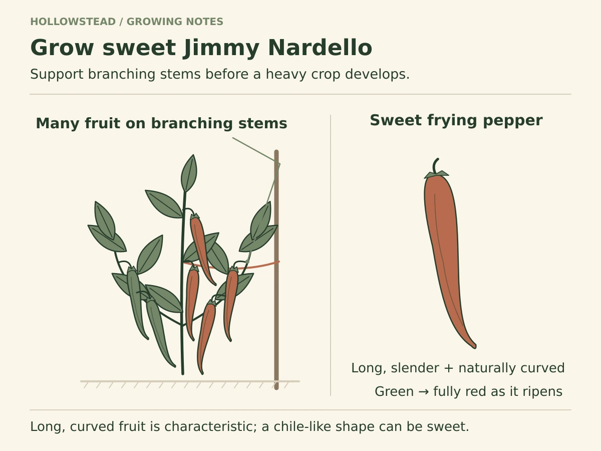 A supported Jimmy Nardello plant carries long slender green and red peppers, beside a large drawing of the curved red fruit.