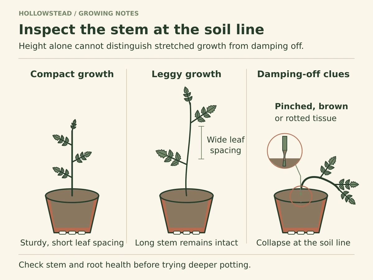 Three tomato seedlings compare compact healthy growth, a long intact leggy stem, and a collapsed seedling with a constricted brown stem at the soil line.
