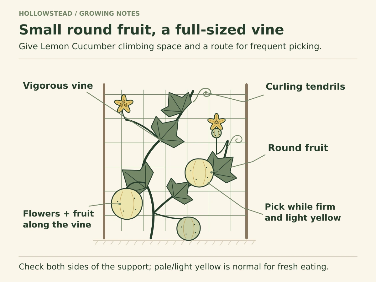A vigorous Lemon Cucumber vine climbs a trellis using tendrils, with rough lobed leaves, five-lobed yellow flowers and round pale-green to light-yellow fruits visible along the vine.