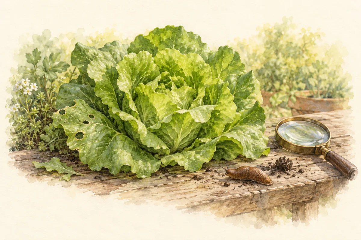 A lettuce plant with chewed outer leaves beside a magnifying glass and garden slug.