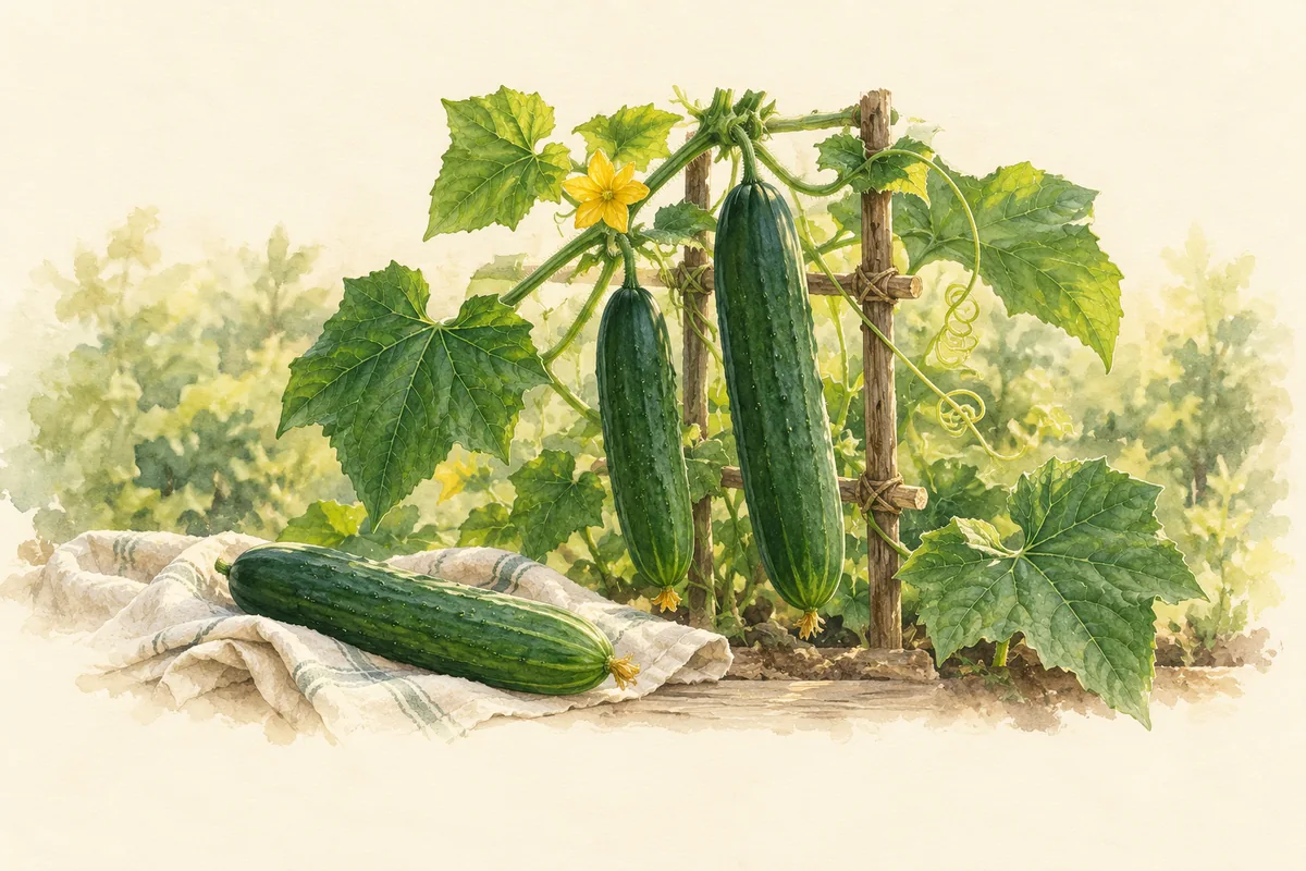 Long dark-green Marketmore 76 cucumbers on a leafy trellis and a freshly picked slicer in the foreground.